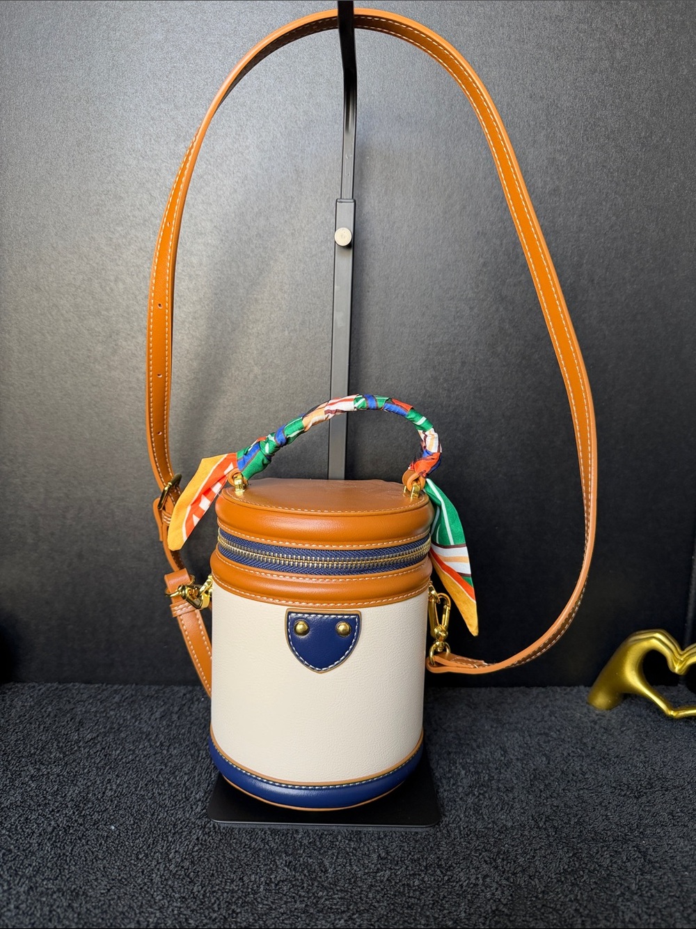 Cream & Tan Cylinder Crossbody Bag with Navy Trim